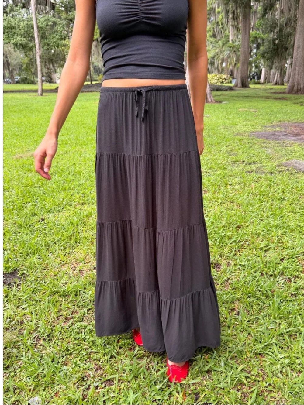 BRANDY MELVILLE WMNS BLACK TIERED SKIRT BOHO PRAIRIE MAXI